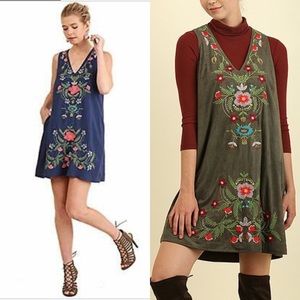 Umgee Blue V Neck Sleeveless Embroidered Dress